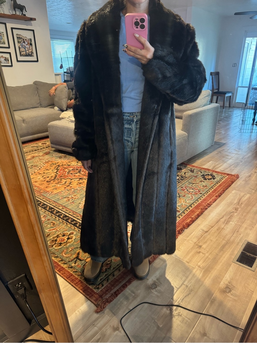 Vintage Dark Brown Full-Length Faux Fur Coat